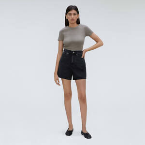 Everlane High-Rise Black Denim Shorts with Taupe Top